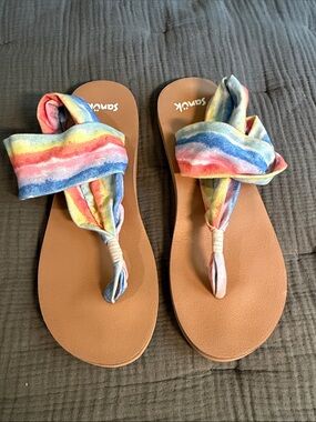 Sanuk Rainbow Multi-Color Fabric Wrap Toe-Post Sandals